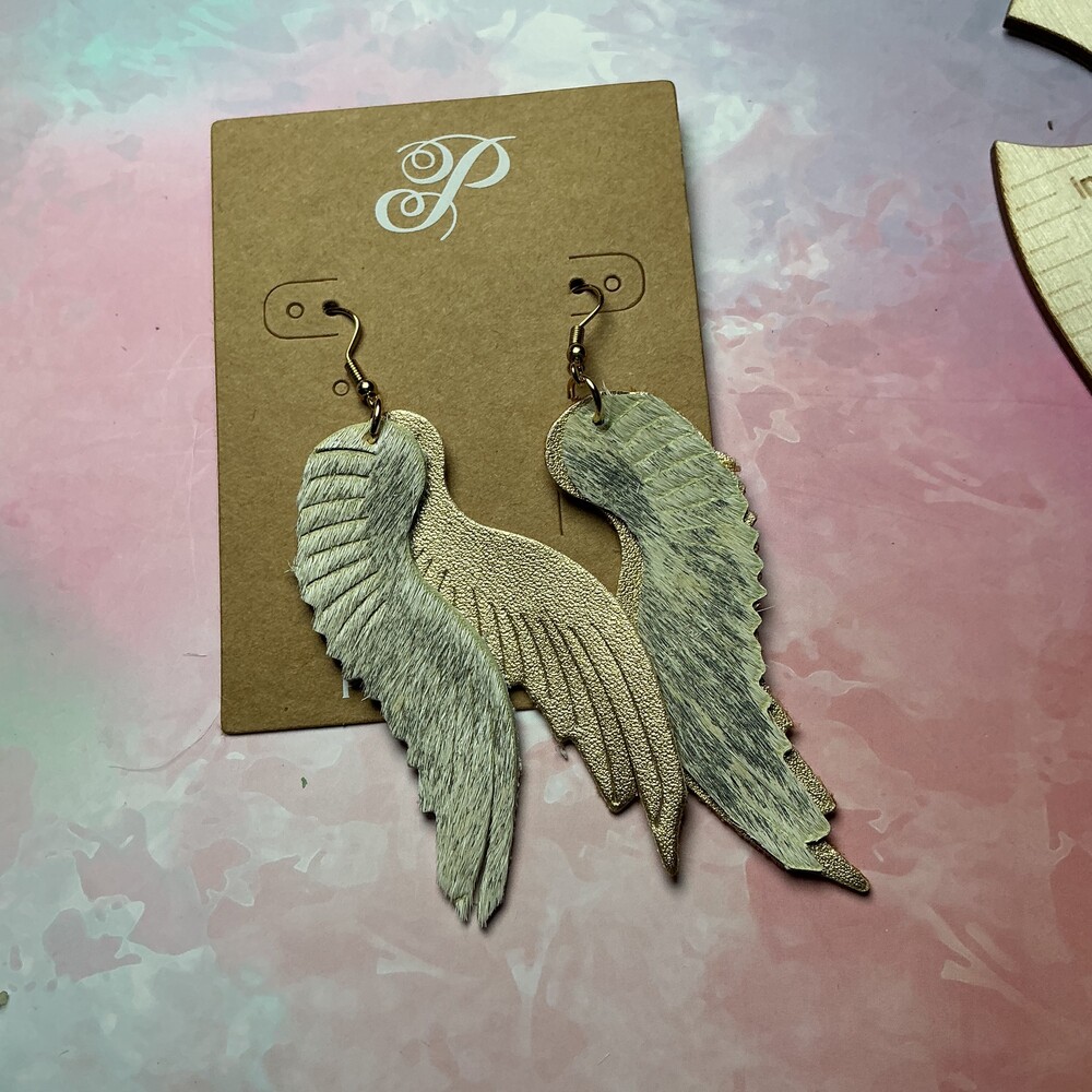 ★ Gold & Hair-On Hide Double Angel Wing Dangle Earrings Boho Western